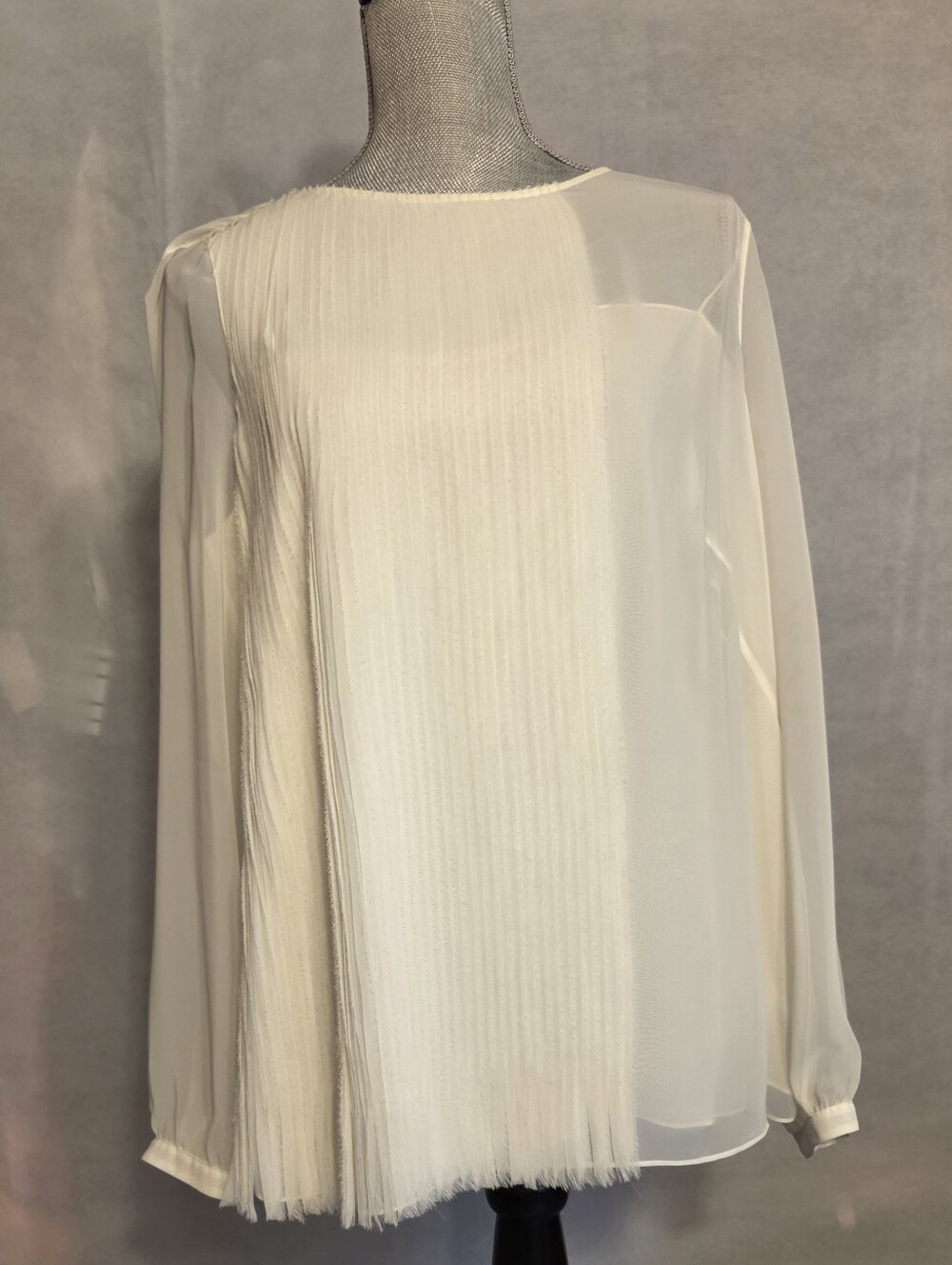 Akris Punto Luxe Cream 100% Silk Pleated Sheer Blouse Top Size 12